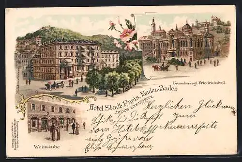 Lithographie Baden-Baden, Hotel Stadt Paris, Grossherzogl. Friedrichsbad