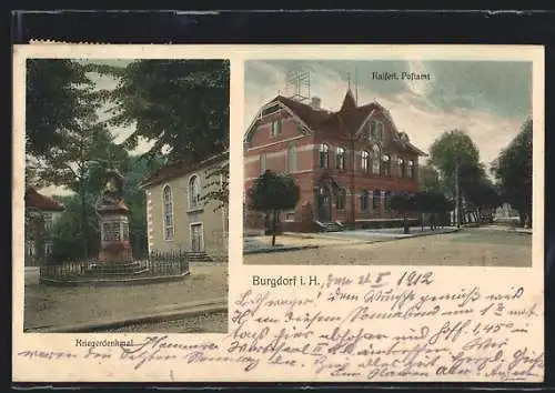 AK Burgdorf i. H., Kriegerdenkmal, Kaiserliches Postamt