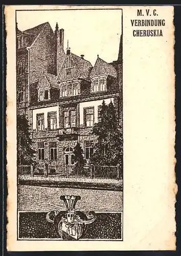 Künstler-AK Karlsruhe, Verbindungshaus der M.V.C. Cheruskia
