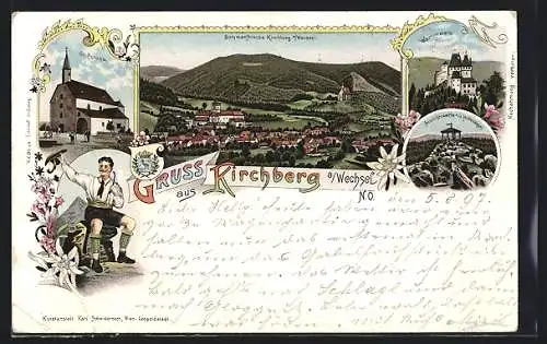 Lithographie Kirchberg a. Wechsel, Wartenstein, Kirche St. Corona, Aussichtswarte a. d. Wolfekogel, Bergsteiger