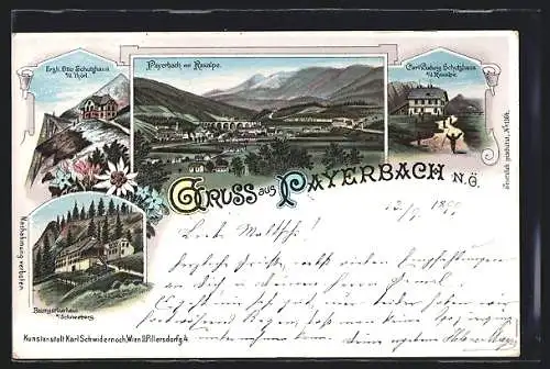 Lithographie Payerbach, Totalansicht mit Raxalpe, Karl-Ludwig-Schutzhaus a. d. Raxalpe