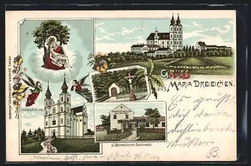 Lithographie Maria Dreieichen, Gasthof v. Josefa Schmöger, Wallfahrts-Kirche, Bründl