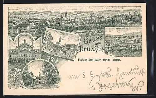 Lithographie Bruck a. Leitha, Totalansicht, Kirchengasse, Schloss Harrach