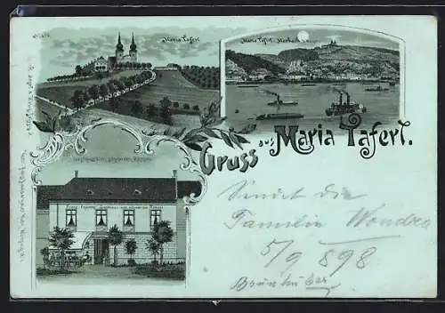 Mondschein-Lithographie Maria Taferl, Gasthaus zum schwarzen Rössel, Dampfer auf dem Wasser, Kirche