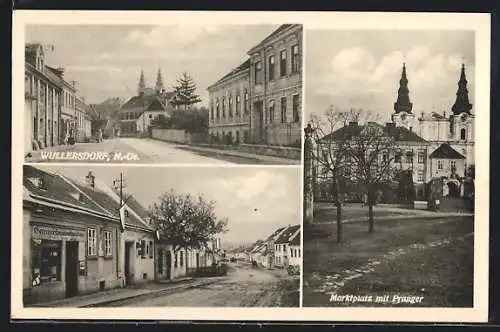 AK Wullersdorf, Marktplatz mit Pranger und Strassenpartien