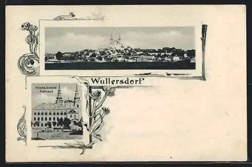 AK Wullersdorf, Kirche, Schule, Rathaus, Ortsansicht