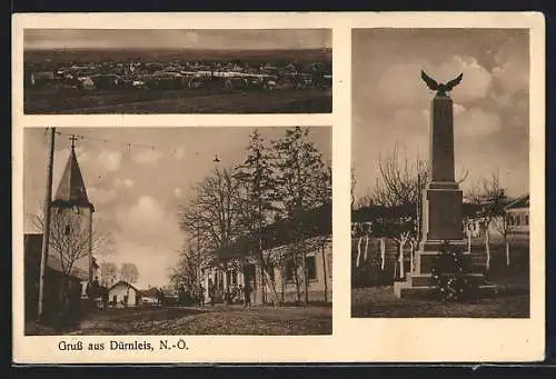 AK Dürnleis /N.-Ö., Strassenpartie mit Kirche, Kriegerdenkmal