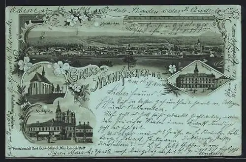 Mondschein-Lithographie Neunkirchen /N.Ö., Rathaus, Markplatz, Peterskirche