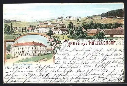 Lithographie Geras, Hötzelsdorf, Brunner`s Gasthaus, Ortsansicht aus der Vogelschau