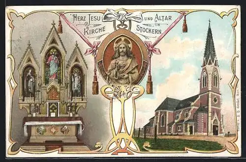 Lithographie Stockern, Altar und Aussenansicht der Herz Jesu-Kirche, Bildnis von Jesus