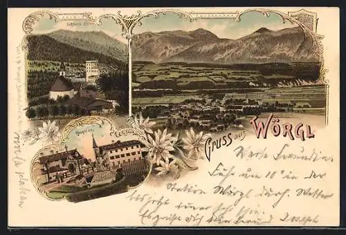 Lithographie Wörgl, Totalansicht aus der Vogelschau, Schloss Itter, Hauptplatz