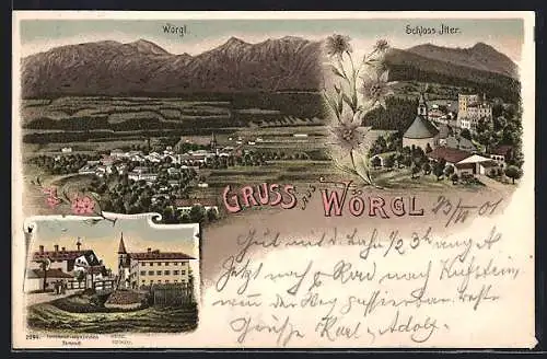 Lithographie Wörgl, Schloss Itter, Strassenpartie mit Bilderstock an der Kirche, Fernsicht des Ortes, Edelweiss