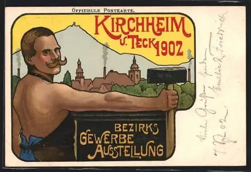 Künstler-AK Ganzsache PP27C4: Kirchheim u. Teck, Bezirks Gewerbe-Ausstellung 1902, Schmied mit Hammer