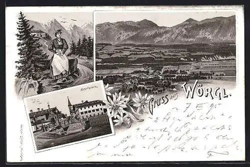 Vorläufer-Lithographie Wörgl, 1895, Ansicht vom Dorfplatz, Österreicherin in Tracht, Panorama