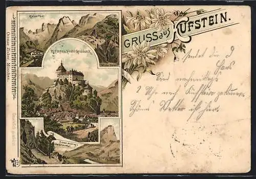 Vorläufer-Lithographie Kufstein, 1894, Kaiserthal, Ortsansicht und Feste Geroldseck, Erster Aufstieg in das Kaiserthal