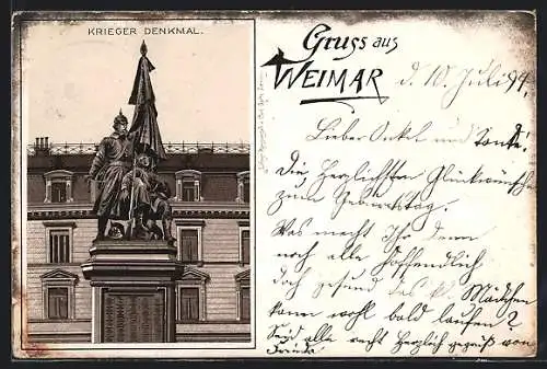 Vorläufer-Lithographie Weimar / Thüringen, 1894, Darstellung vom Kriegerdenkmal