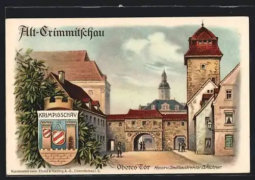 Lithographie Ganzsache PP27C258 /02: Alt-Crimmitschau, Stadtrechtsfeier 1914, Oberes Tor und Wappen