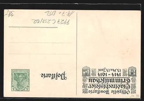 Lithographie Ganzsache PP27C258 /02: Alt-Crimmitschau, Stadtrechtsfeier 1914, Oberes Tor und Wappen