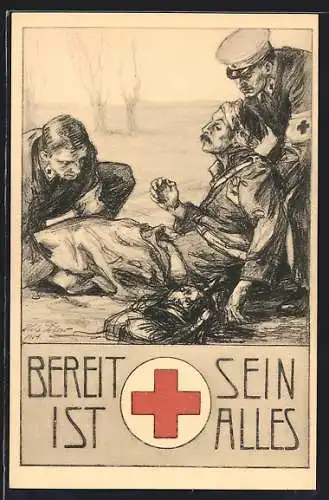 Künstler-AK Ganzsache PP27C246: Leipzig, Rotes Kreuz Sammlung 1914, Versorgung durch Sanitäter, Bereit sein...