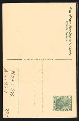 Künstler-AK Ganzsache PP27C246: Leipzig, Rotes Kreuz Sammlung 1914, Versorgung durch Sanitäter, Bereit sein...