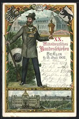 Lithographie Ganzsache PP27C11 /02: Berlin, XX. Mitteldeutsches Bundesschiessen 1902, Schloss Schönholz