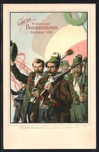 AK Hannover, 14. Deutsches Bundesschiessen 1903, Schützen mit Gewehren, Ganzsache 5 Pfennig
