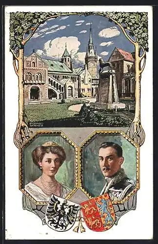 Künstler-AK Richard Wagner: Braunschweig, Ernst August und Victoria Luise, Wappen, Ganzsache