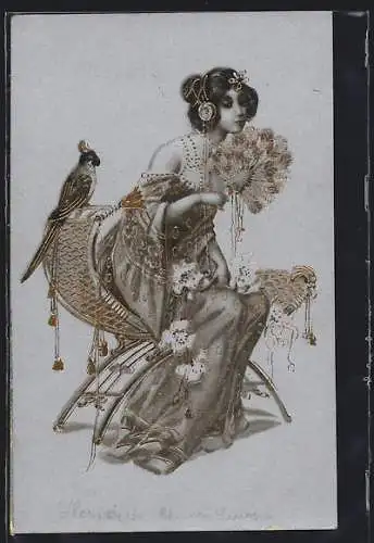Künstler-AK Junge Frau mit Federfächer und Kakadu, Jugendstil