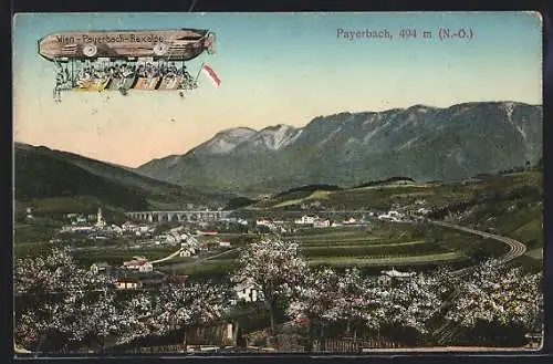 AK Payerbach, Zeppelin Wien-Payerbach-Raxalpe über dem Ort