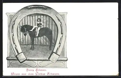 AK Zirkus Schwarz, Hanny Schwarz auf ihrem Pferd unter einem Hufeisen