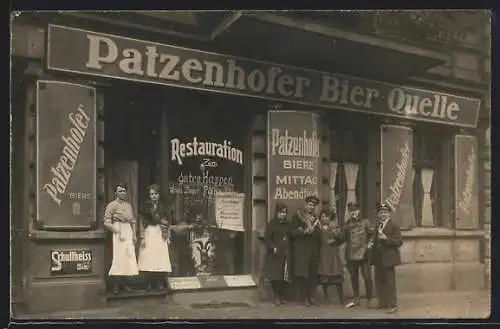 AK Restaurant zum guten Happen mit Emailleschild Reklame Patzenhofer Brauerei