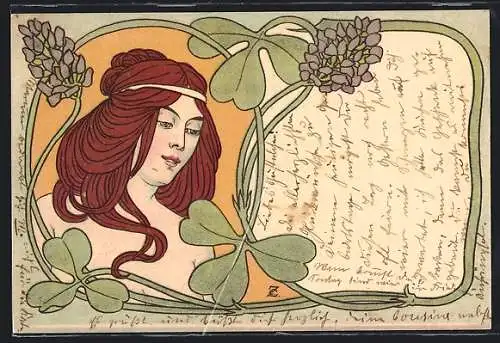 Künstler-AK Junge Frau mit roten Haaren, Kleeblätter und Flieder, Jugendstil