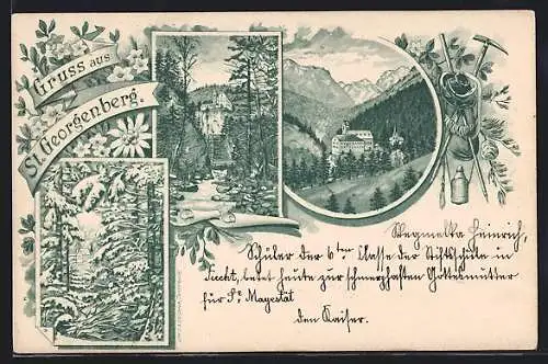 Lithographie St. Georgenberg, Blick auf das Kloster, Bergsteigerausrüstung