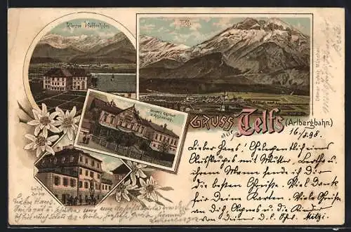 Lithographie Telfs /Arlbergbahn, Seisers Gasthof und Restaurant, Gasthof zur Post