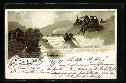 Lithographie Schaffhausen, Rheinfall, Eisenbahn, Ruderboot am Rheinfall bei Vollmond