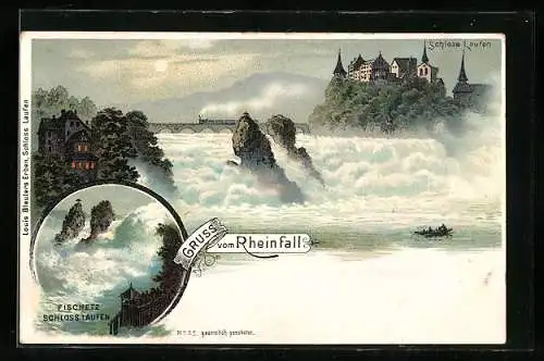 Lithographie Schloss Laufen, Eisenbahn am Rheinfall bei Nacht um 1900