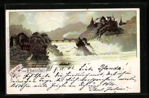 Lithographie Schaffhausen, Rheinfall, Eisenbahn, Ruderboot am Rheinfall bei Vollmond