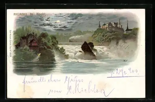 Lithographie Schaffhausen, Rheinfall bei Nacht mit Vollmond