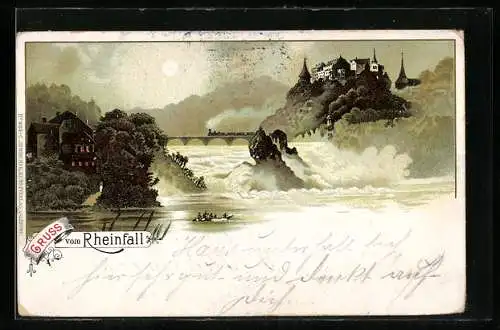 Lithographie Schaffhausen, Rheinfall, Eisenbahn, Ruderboot am Rheinfall bei Vollmond