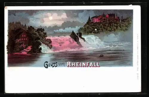 Lithographie Rheinfall, Wasserfall mit Dampfeisenbahn
