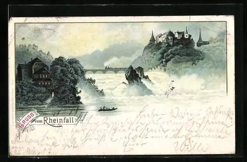 Lithographie Rheinfall mit Boot