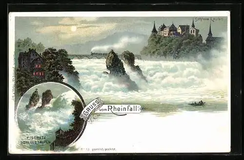 Lithographie Schloss Laufen, Eisenbahn am Rheinfall bei Nacht um 1900