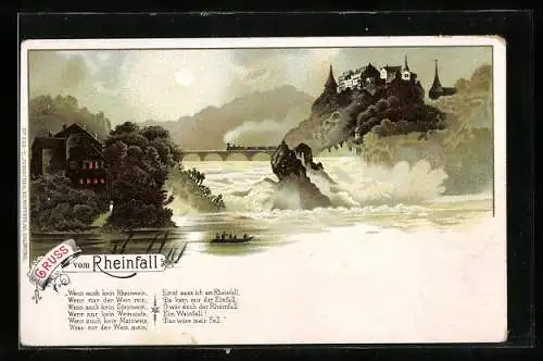 Lithographie Schaffhausen, Rheinfall, Eisenbahn, Ruderboot am Rheinfall bei Vollmond