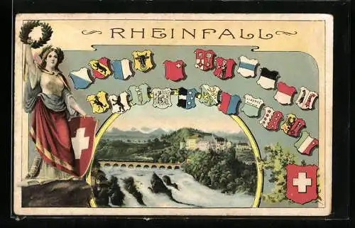 AK Rheinfall, Blick auf den Wasserfall, Flaggen