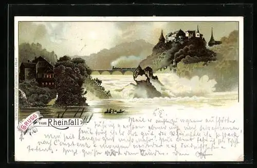 Lithographie Schaffhausen, Rheinfall, Eisenbahn, Ruderboot am Rheinfall bei Vollmond