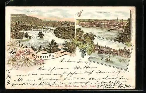 Lithographie Schaffhausen, Generalansicht, am Rheinfall, an der Rheinbrücke