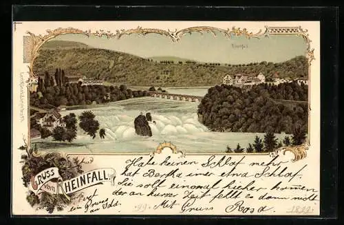 Lithographie Rheinfall mit Eisenbahnbrücke