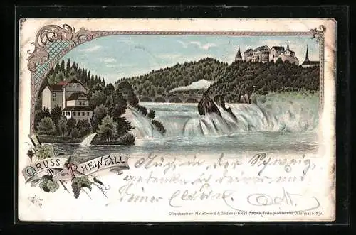 Lithographie Rheinfall, Blick auf Wasserfall und Eisenbahnbrücke