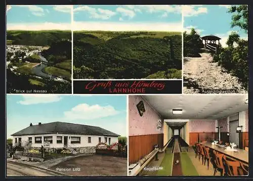 AK Hömberg, Gasthaus-Pension Lotz, Innenansicht Kegelbahn, Aussichtspavillon