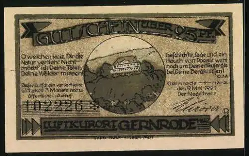 Notgeld Gernrode /Harz 1921, 25 Pfennig, Stadtansicht und Schloss